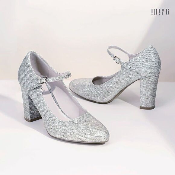 Idifu Women's Silver Glitter  Mary Jane Heels Size 8 Chunky Heel Buckle NWOB - Picture 13 of 15